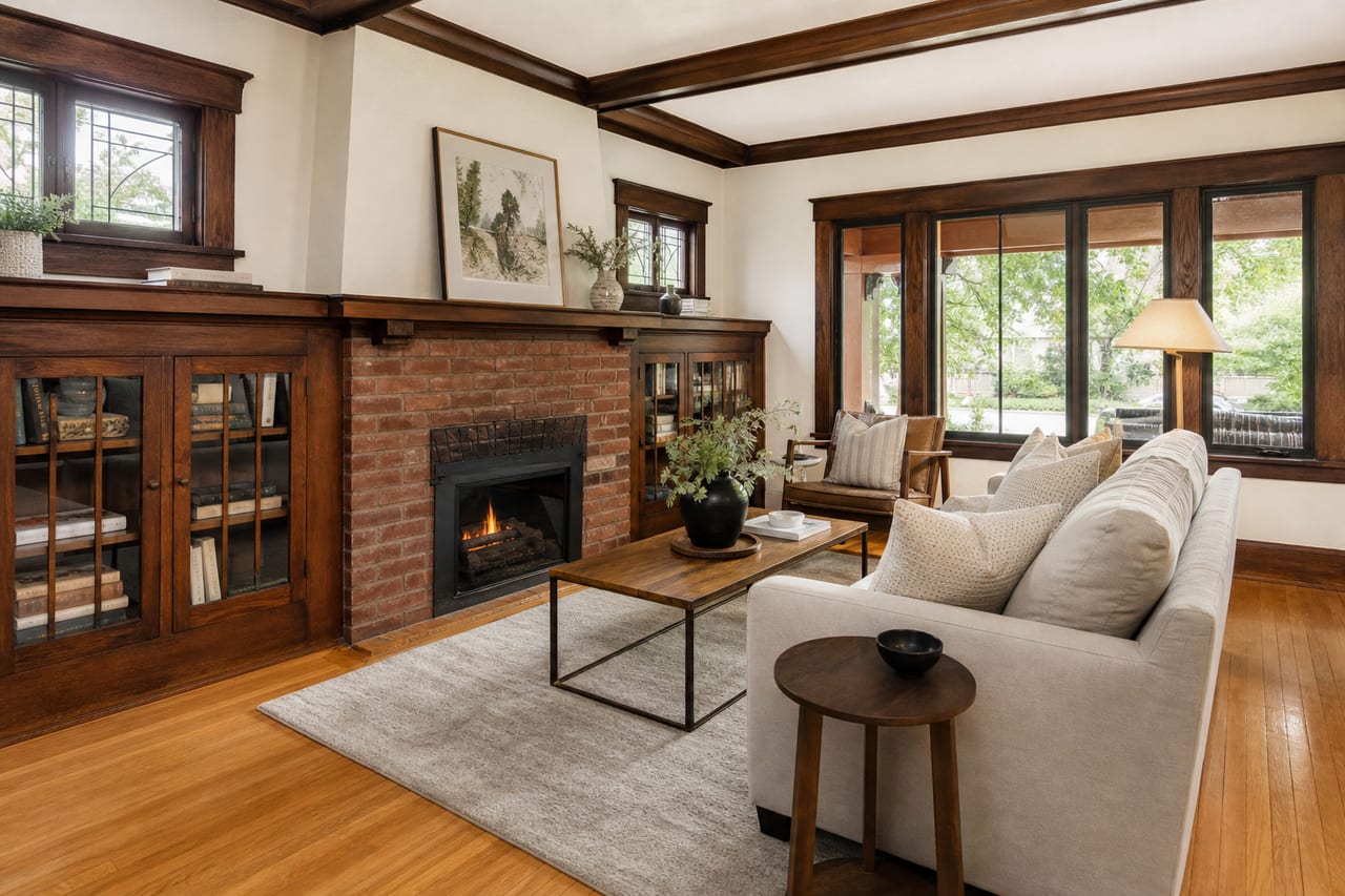 Living room with original built-ins and brick fireplace