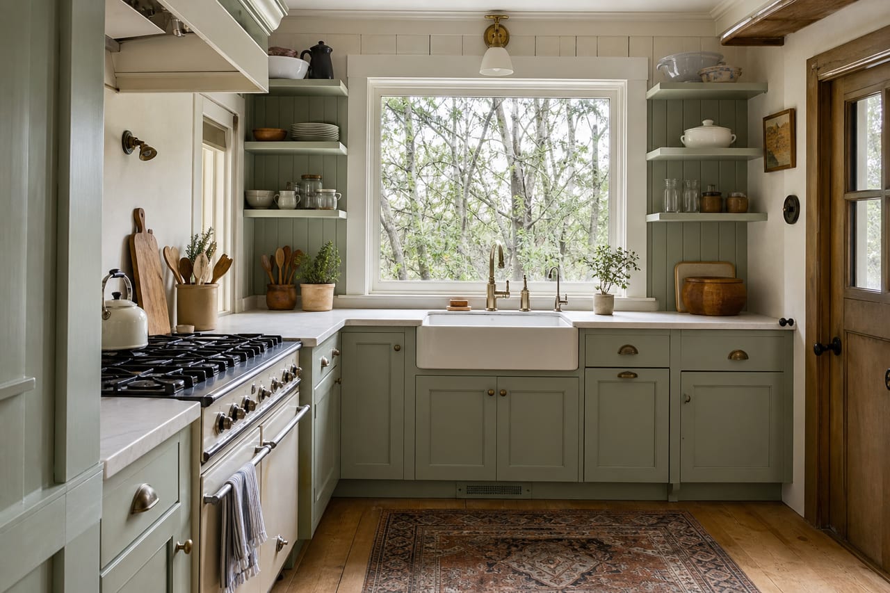 Cottage kitchen with pale green cabinets