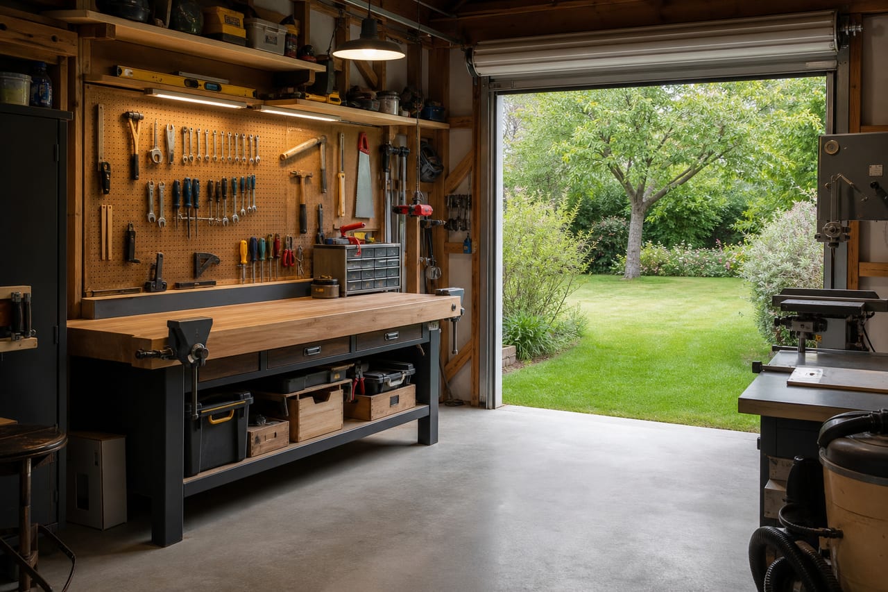 The detached workshop with power and a roll-up door
