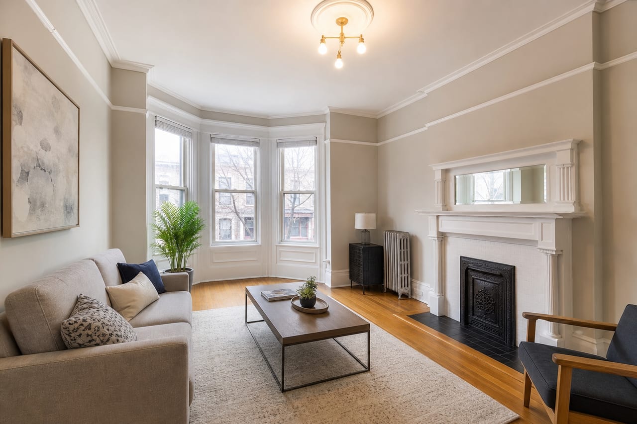 Upper unit living room with bay window