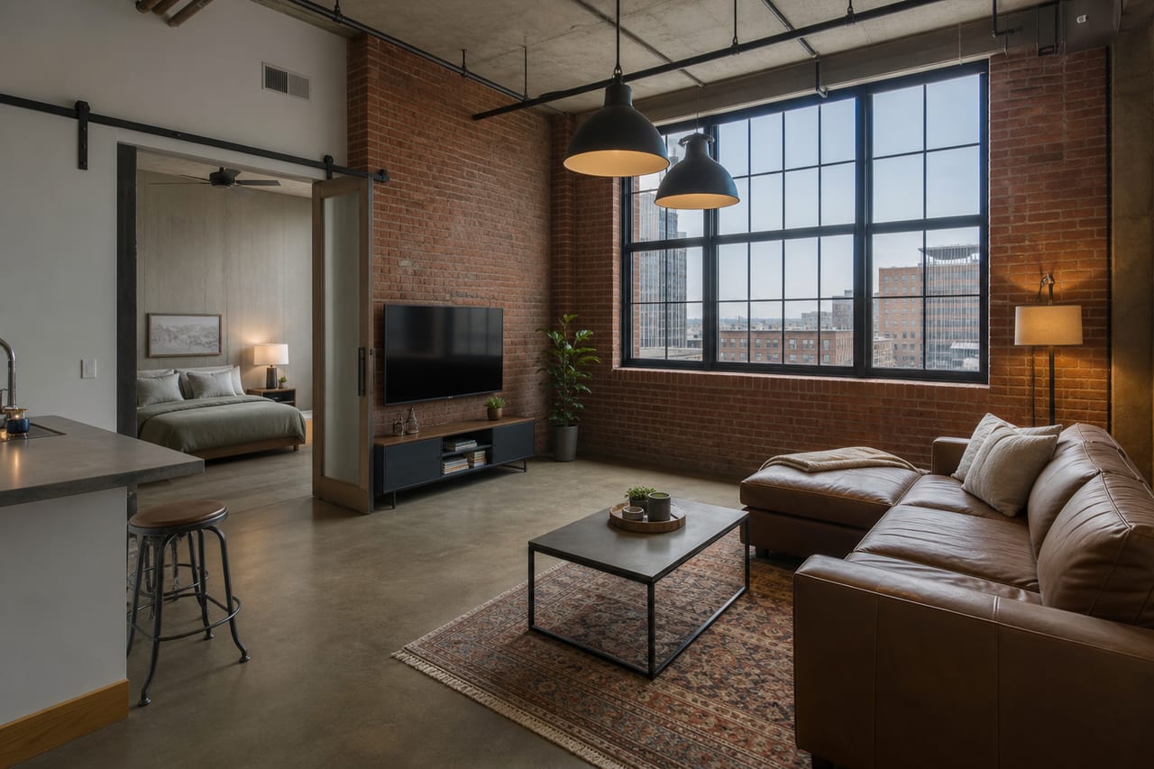 Open-plan living area with exposed brick