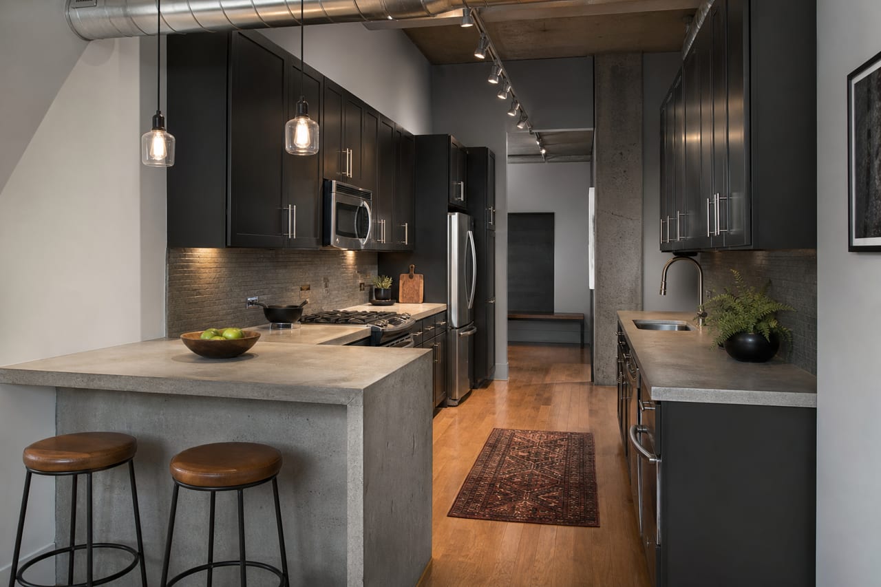 Galley kitchen with concrete breakfast bar