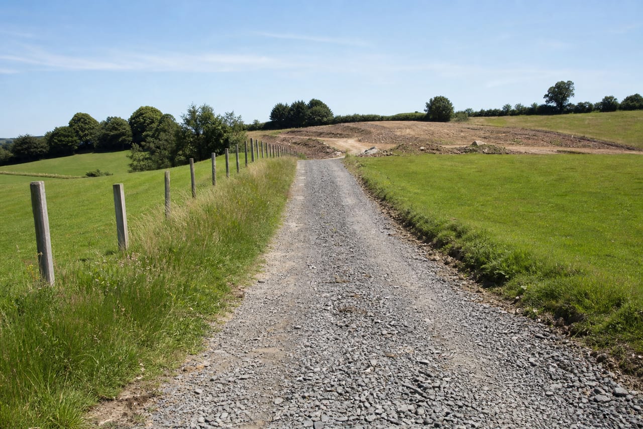 The gravel access track up to the site