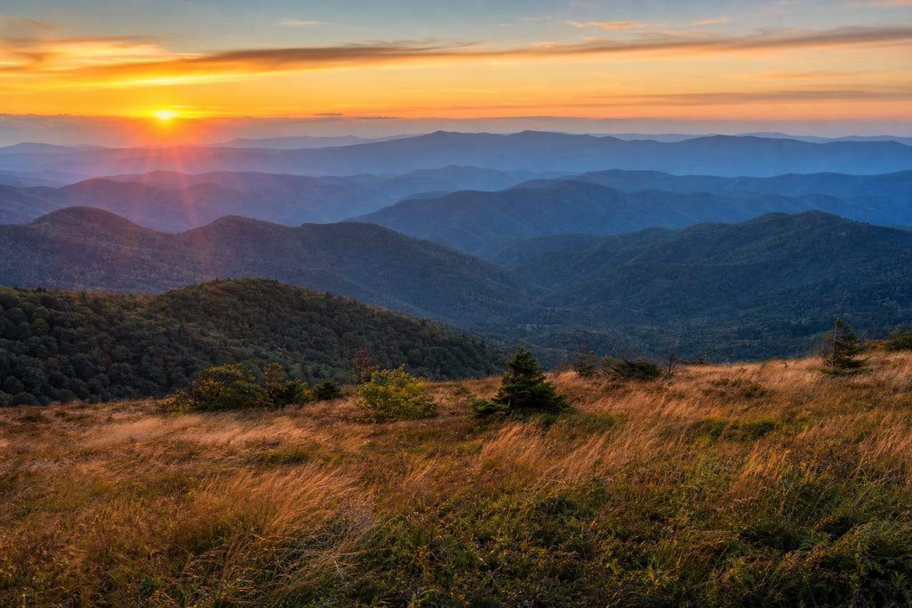 The long view south-west at sunset