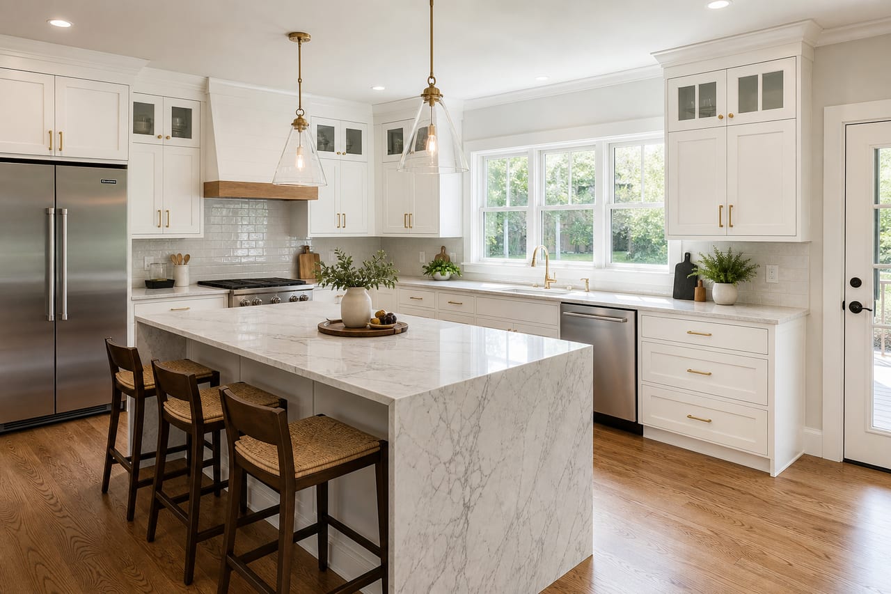 Bright kitchen with a marble island