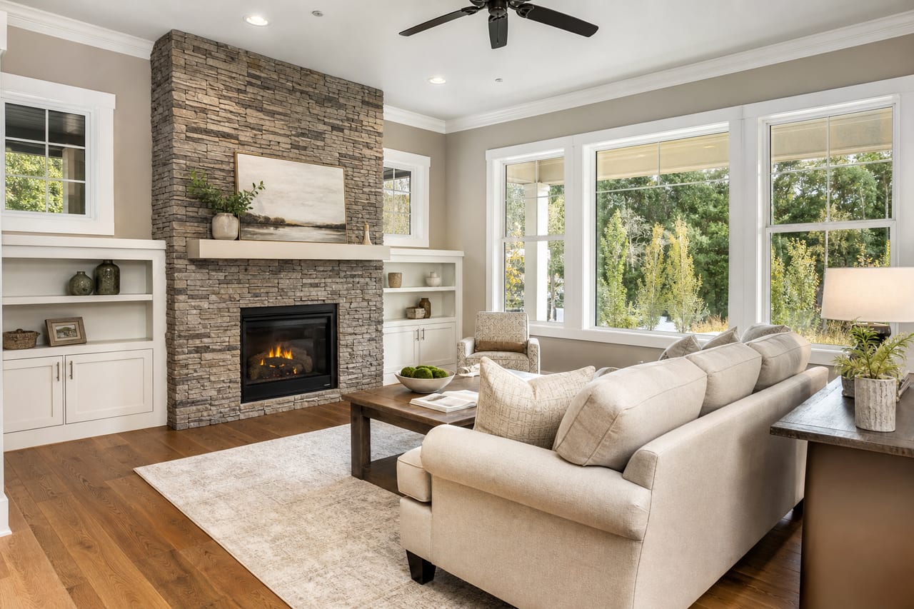 Living room with a stone fireplace