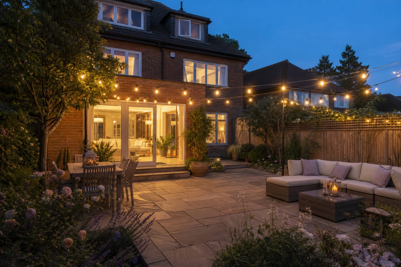Home patio lit at dusk